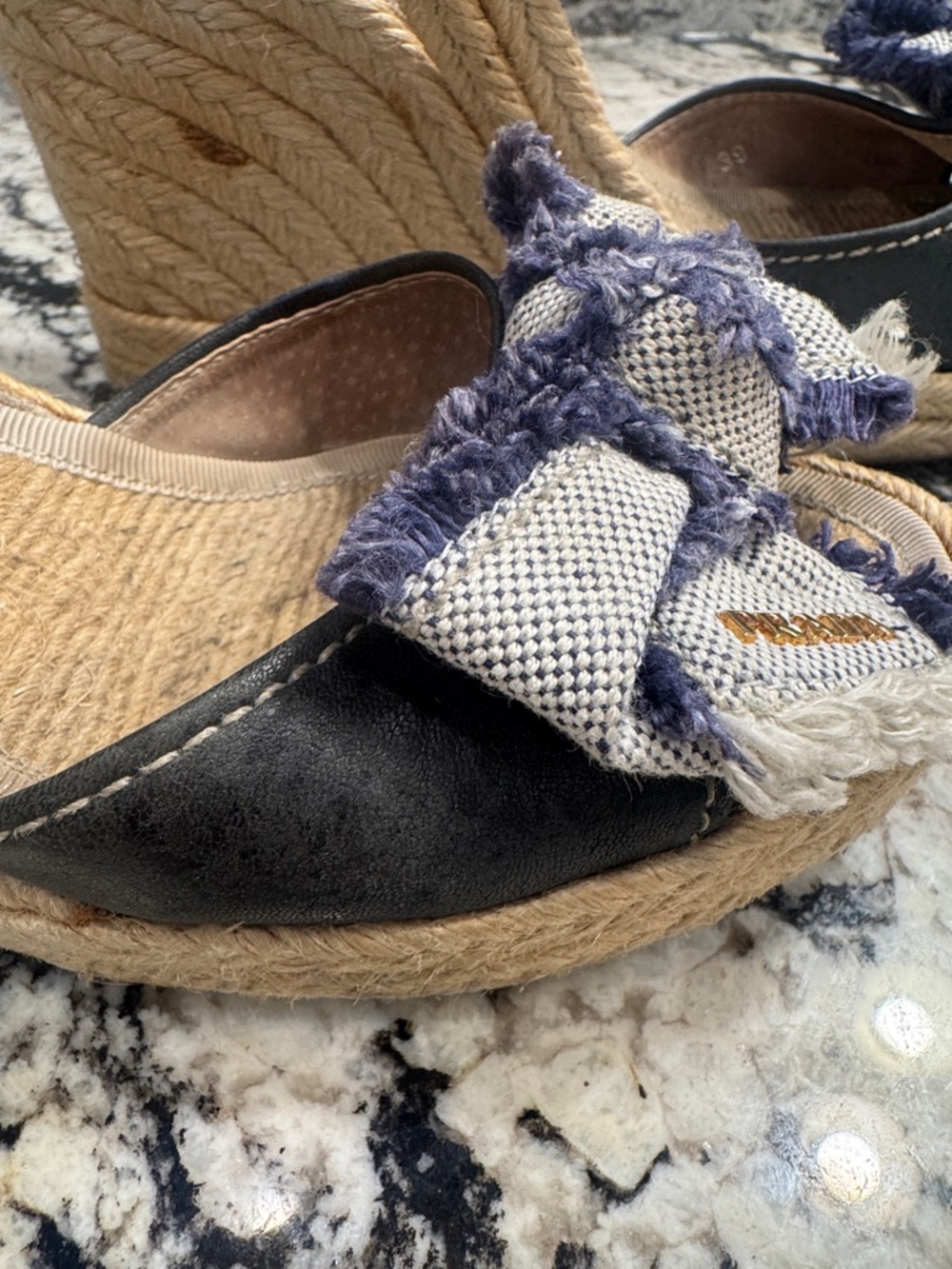 Prada Blue and Natural Espadrille Wedge Sandals with Frayed Bow - Picture 3 of 4